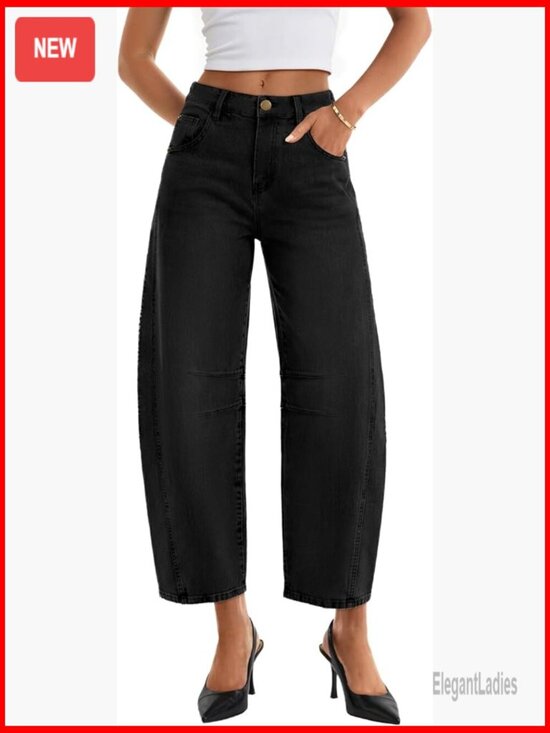 Denim - High Waisted Wide Leg Barrel Jeans Stretchy Ankle Pants with Pockets